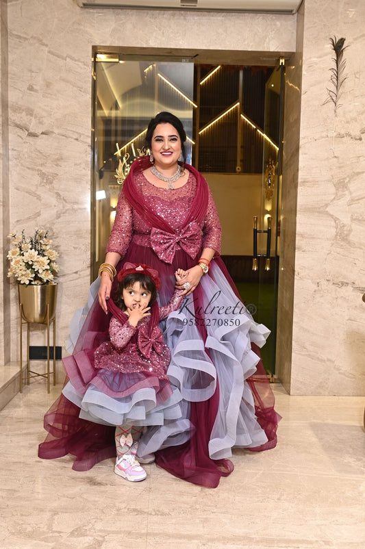 Wine and grey gown Twinning For Mother & Daughter (2 Pcs Combo)