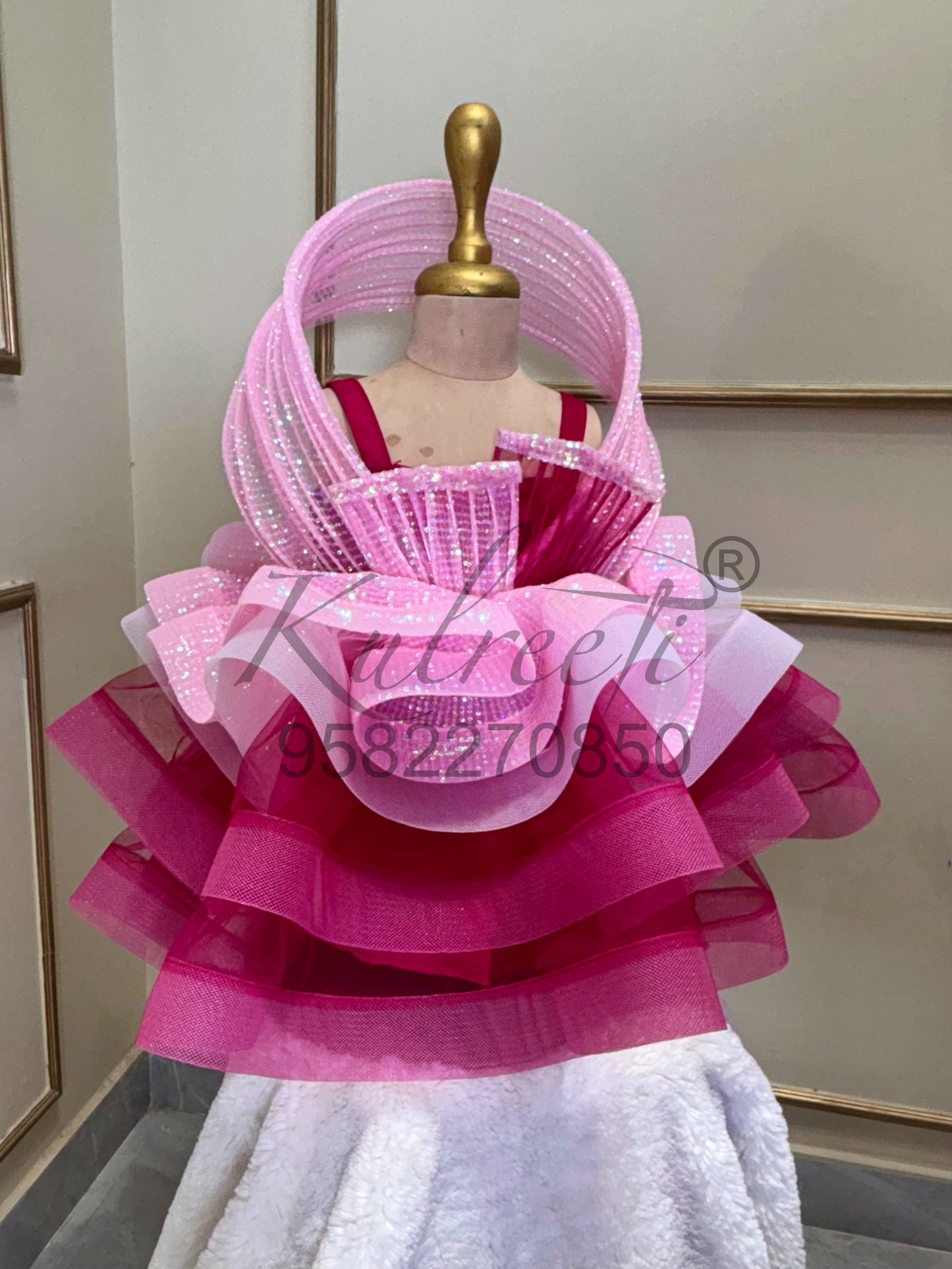 Baby pink and hot pink sequin wire work Dress With Full Flair For Mother Or Dress For Daughter (1 Pc)