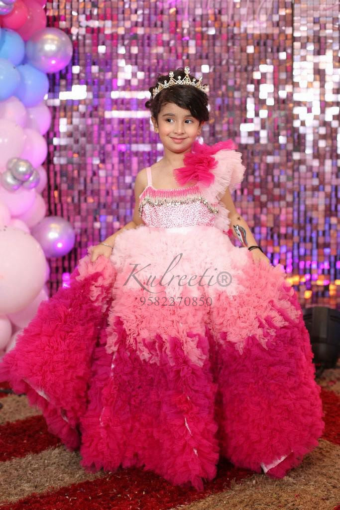 LUXE~One Shoulder Style Gown With Hair Clip Ruffled Shades Of Pink Kulreeti LUXE~One Shoulder Style Gown With Hair Clip Ruffled Shades Of Pink Kulreeti