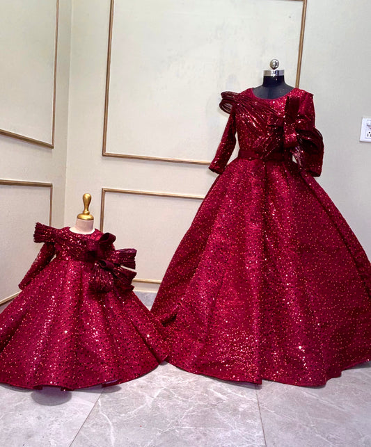 maroon sequin structured gown Twinning For Mother & Daughter (2 Pcs Combo)