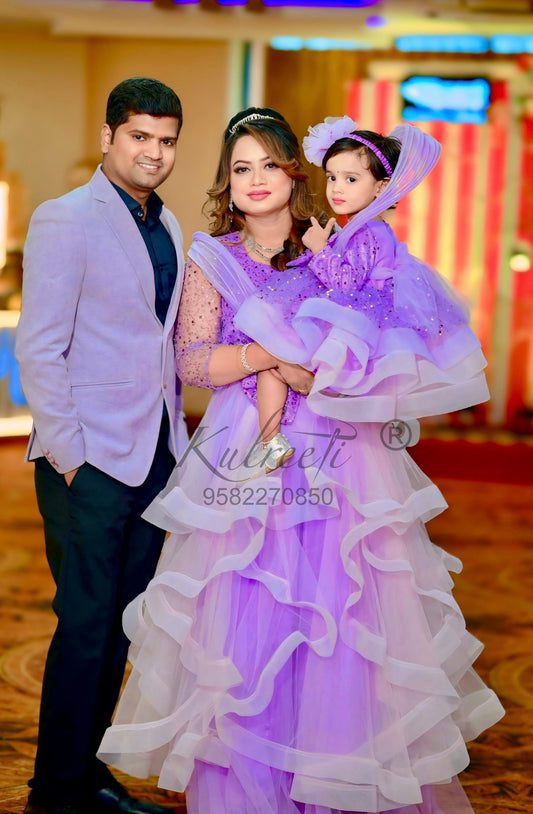 Pink lavender wire work gown Twinning For Mother & Daughter (2 Pcs Combo)