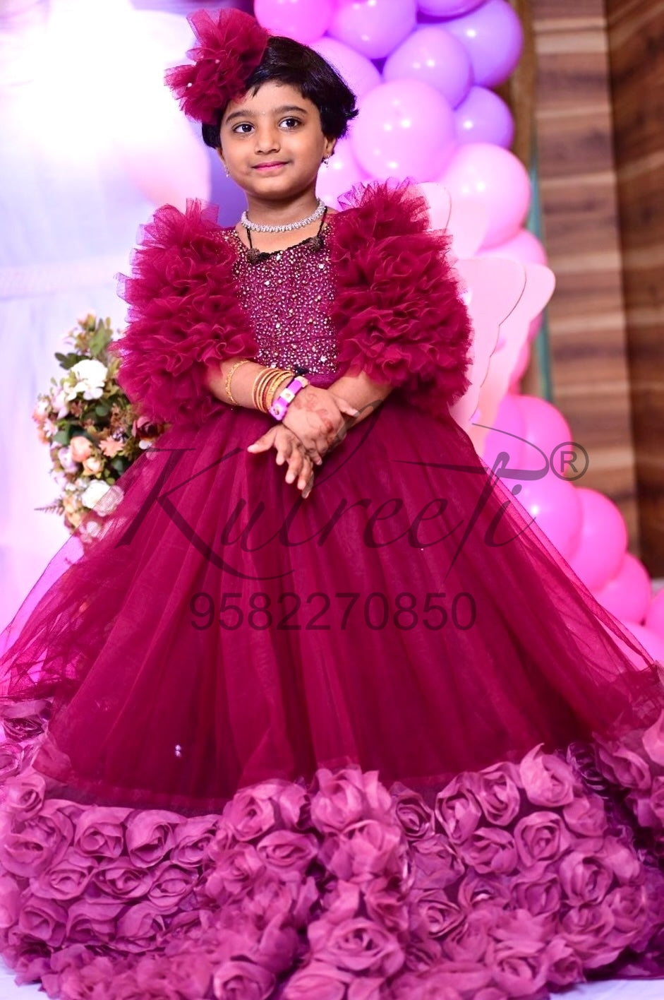 Wine gown with hand embroidery top and floral bottom