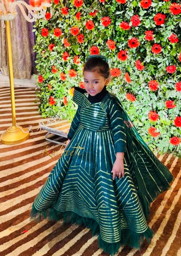 Bottle green lurex lace hand work gown