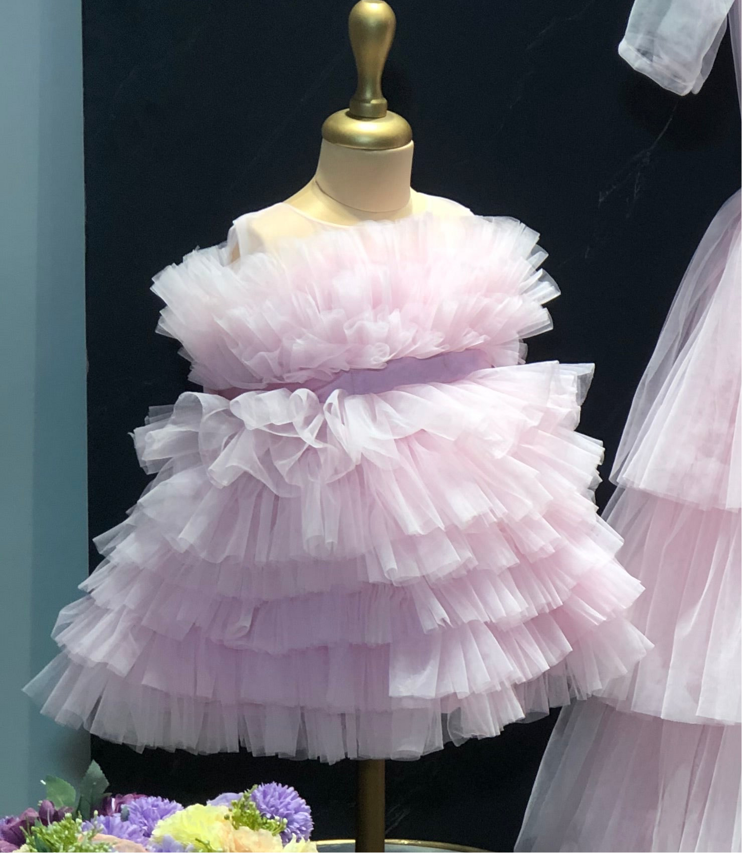 Baby Pink Multi Layer Fur Ball Dress For Daughter (1 Pc)