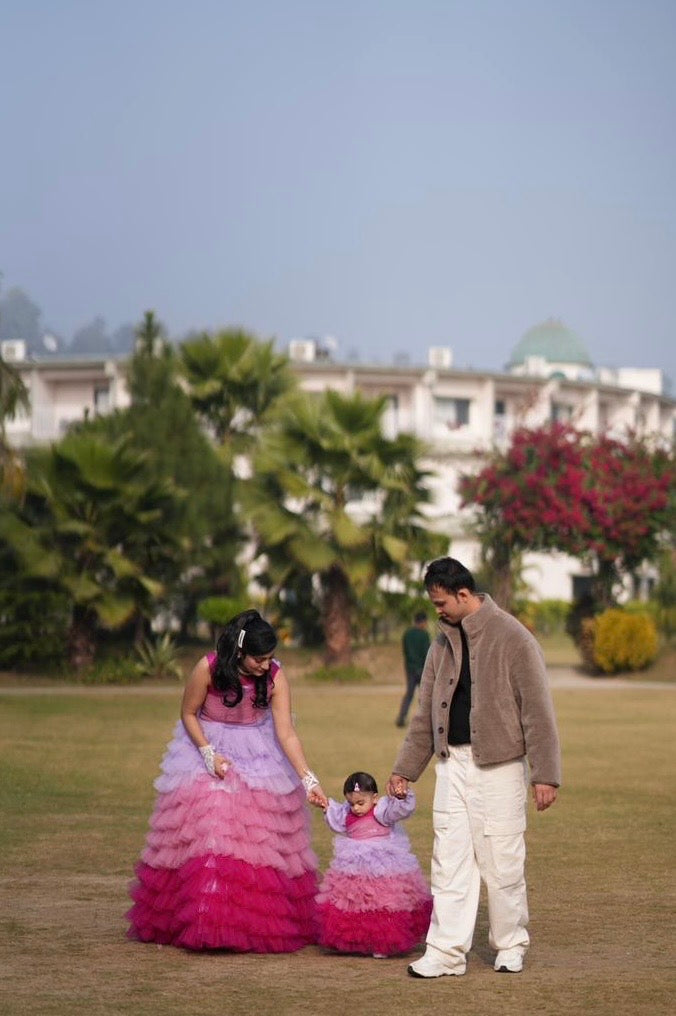 Lavender Pink Onion Multi Layer Frill Twinning for Mother & Daughter (2 Pcs Combo)