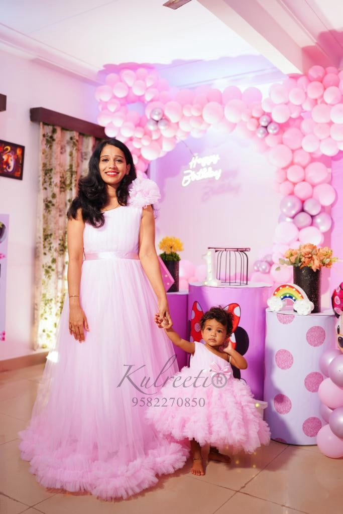 Baby Pink Multi Layer Fur Ball Twinning For Mother & Daughter (2 Pcs Combo)