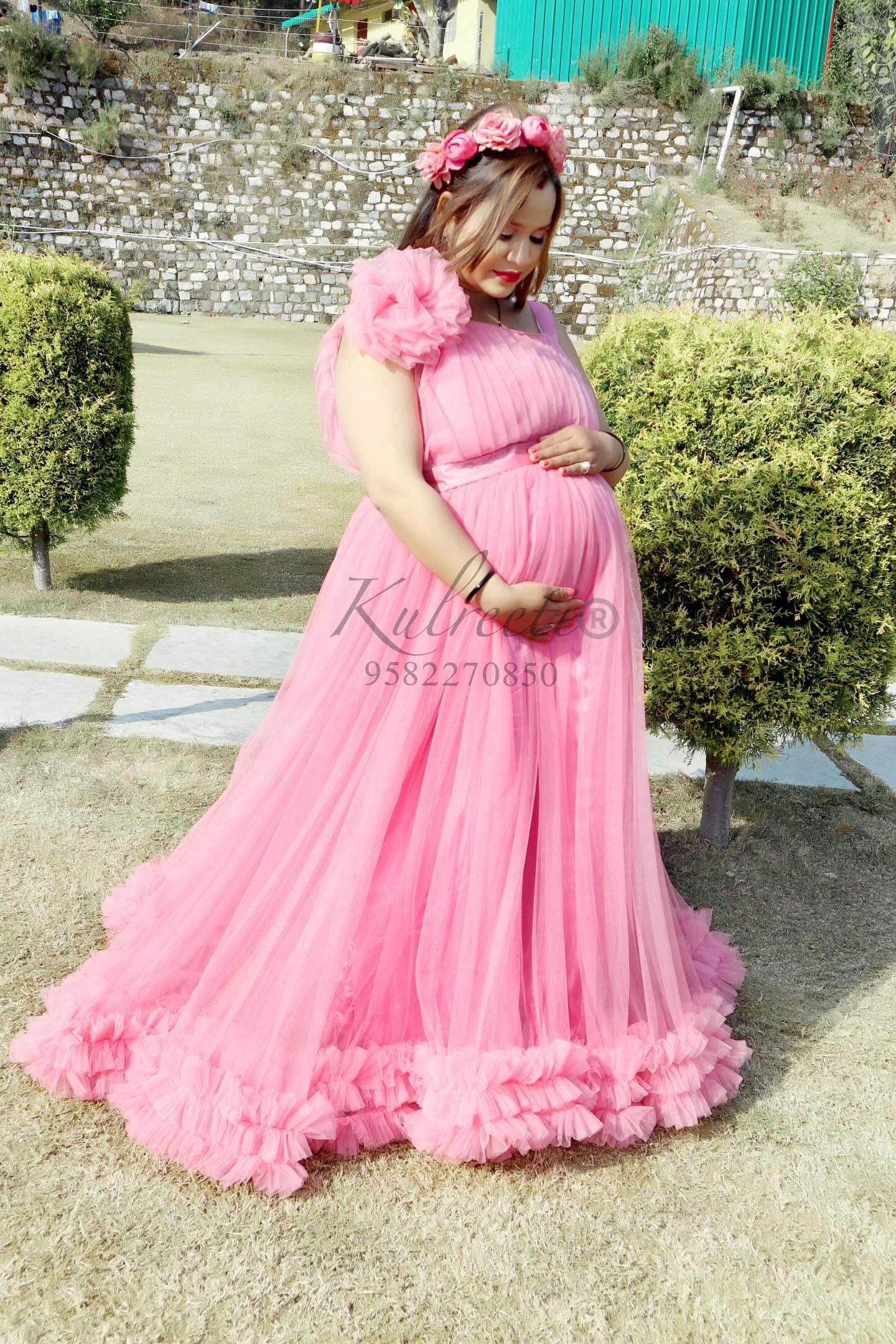Onion pink Long Frill Gown For Maternity /Pre-wedding shoot Kulreeti Onion pink Long Frill Gown For Maternity /Pre-wedding shoot Kulreeti