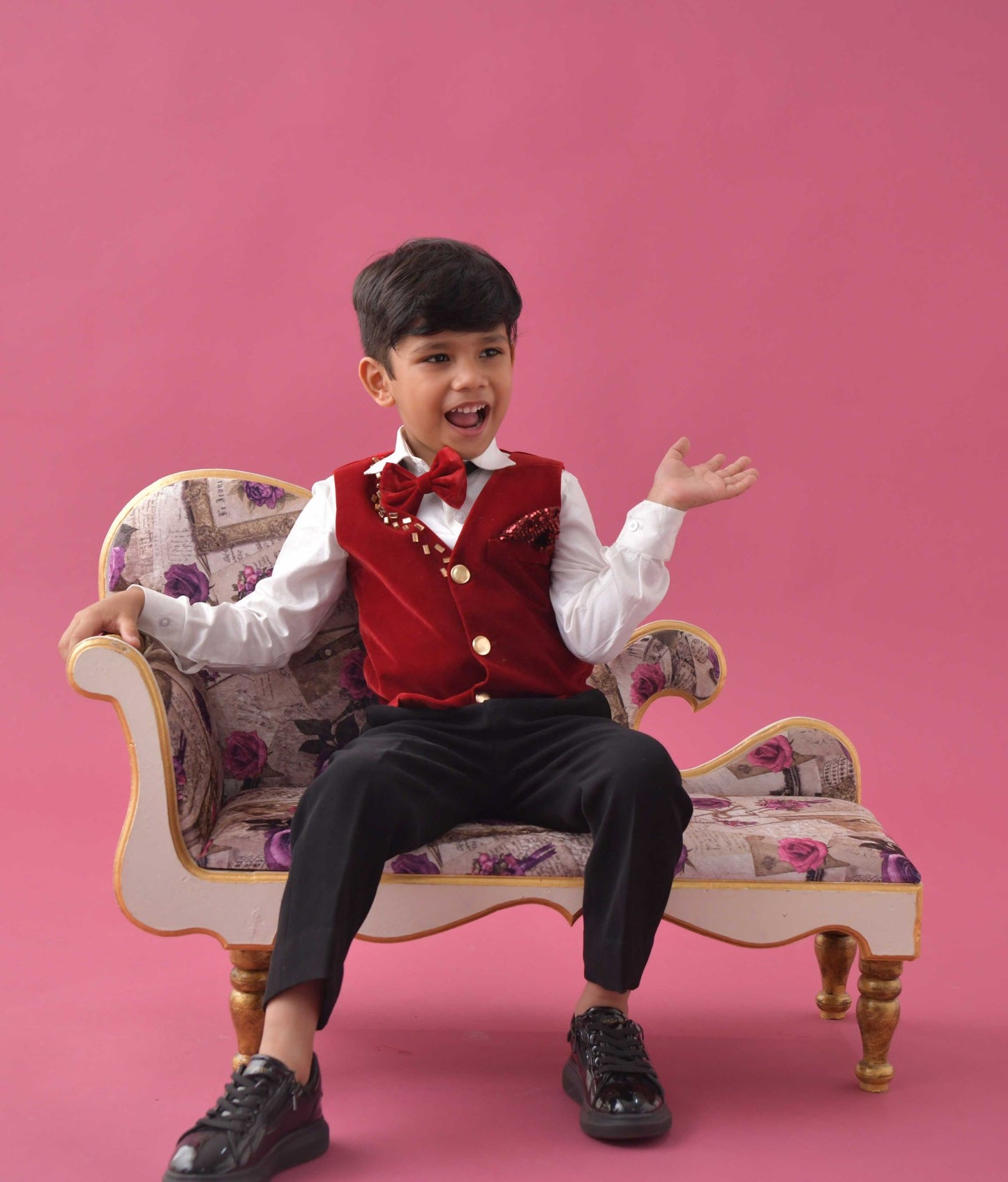 Maroon Velvet Boys Waistcoat set with Shirt and Trouser