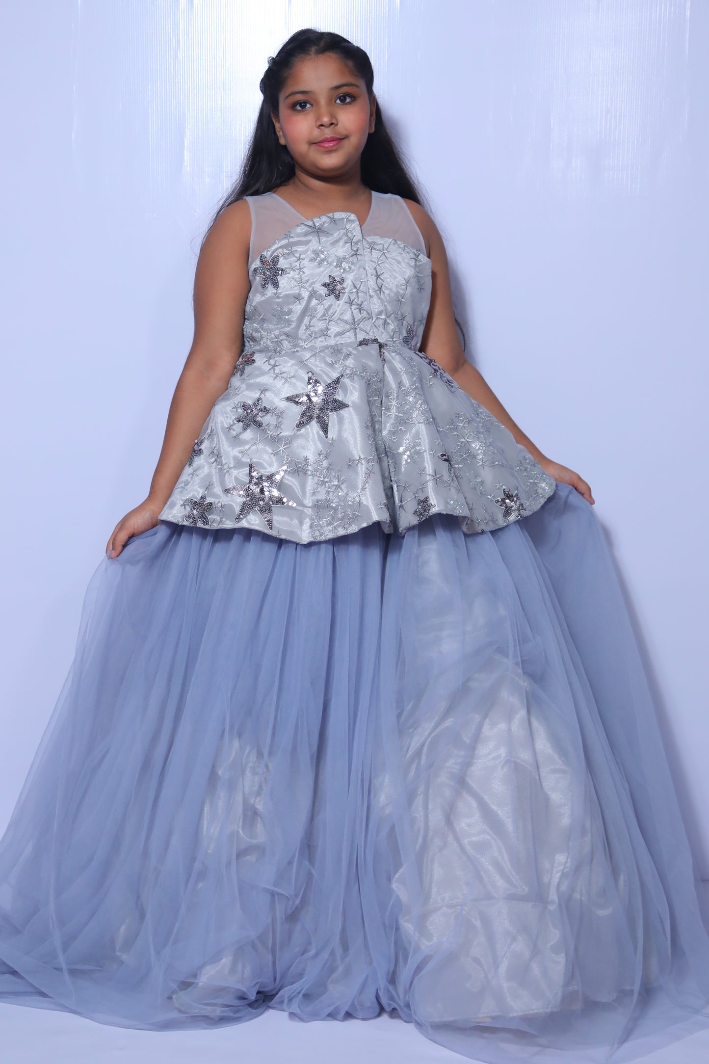 Sample Sale -grey Frill gown 12-14yrs