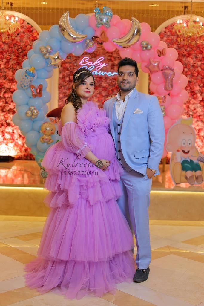 lavender Long Frill Gown For Maternity /Pre-wedding shoot – Kulreeti®