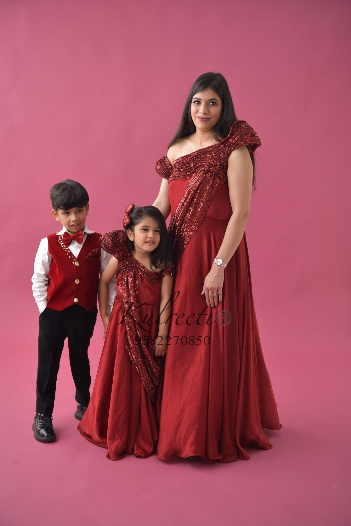 Maroon Chiffon Satin Gown Twinning for Mother daughter son single