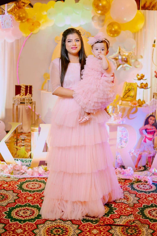 Baby Pink Multi Layer Fur Ball Twinning For Mother & Daughter (2 Pcs Combo)