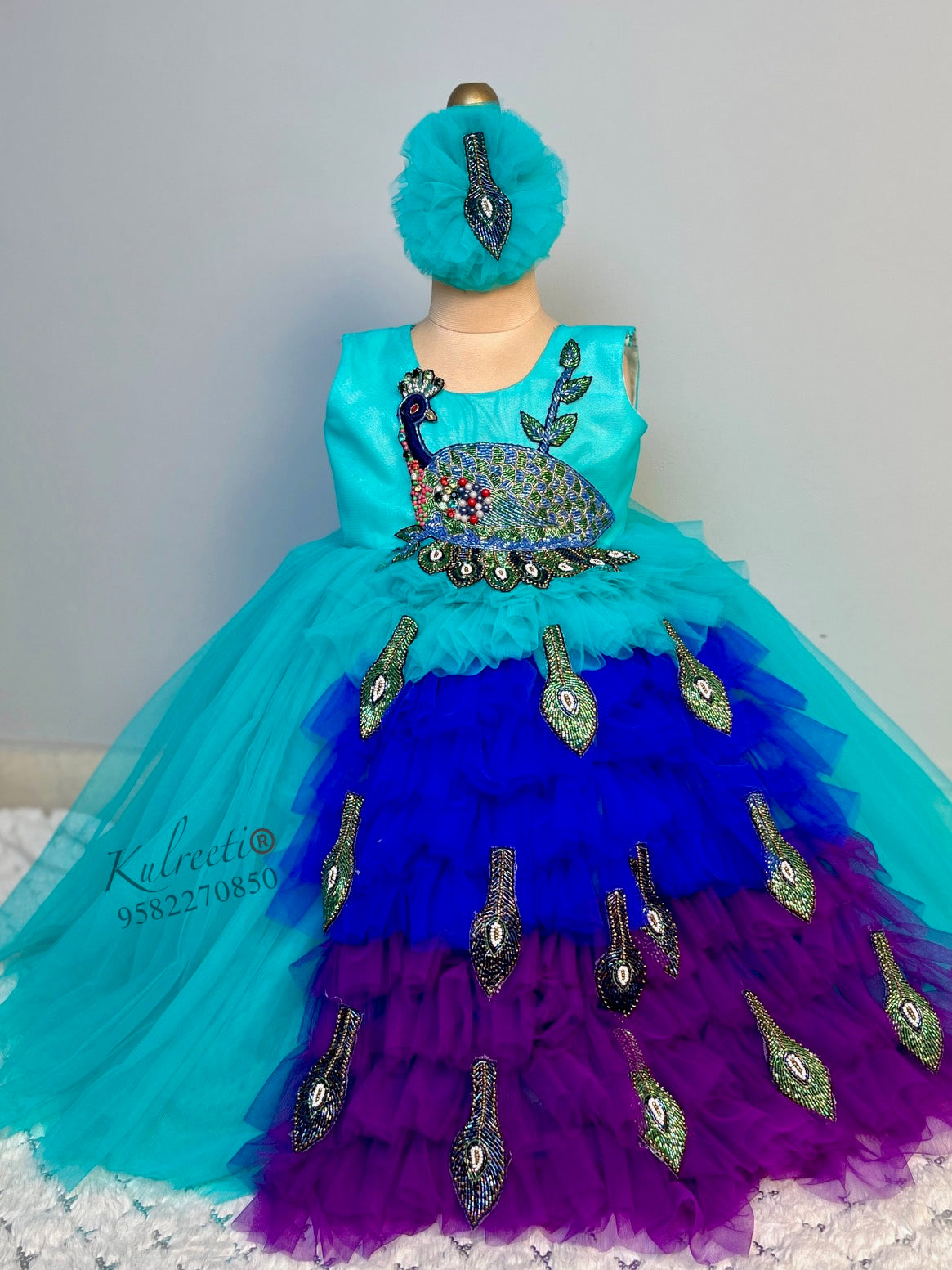 LUXE~ Green Frill Gown With Hand Embroidery Butterfly Mothers - 3XL / Custom LUXE~ Green Frill Gown With Hand Embroidery Butterfly Mothers - 3XL / Custom