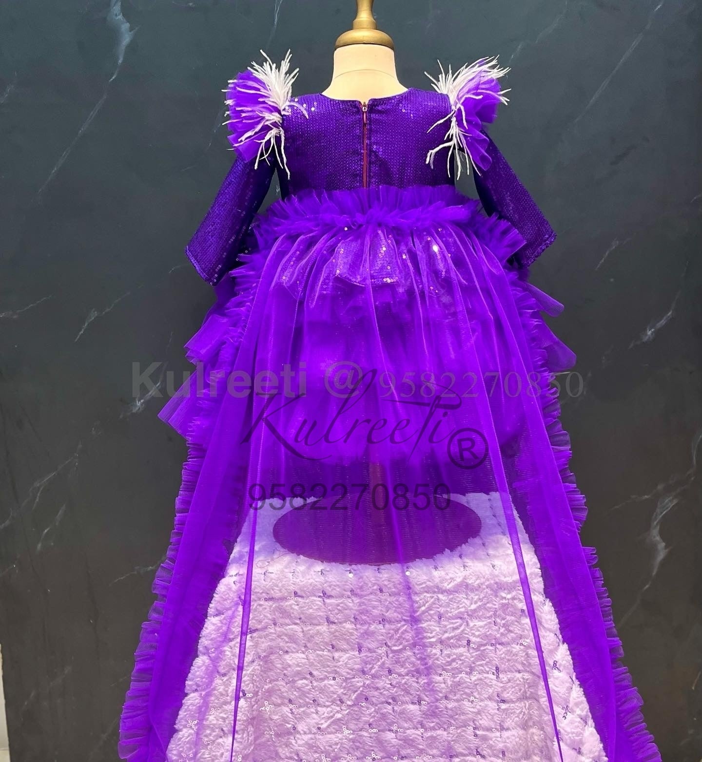 Purple frill sequin Dress For Baby with detachable trail
