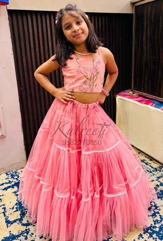 Onion pink net frill embroidered blouse with unique style lehenga