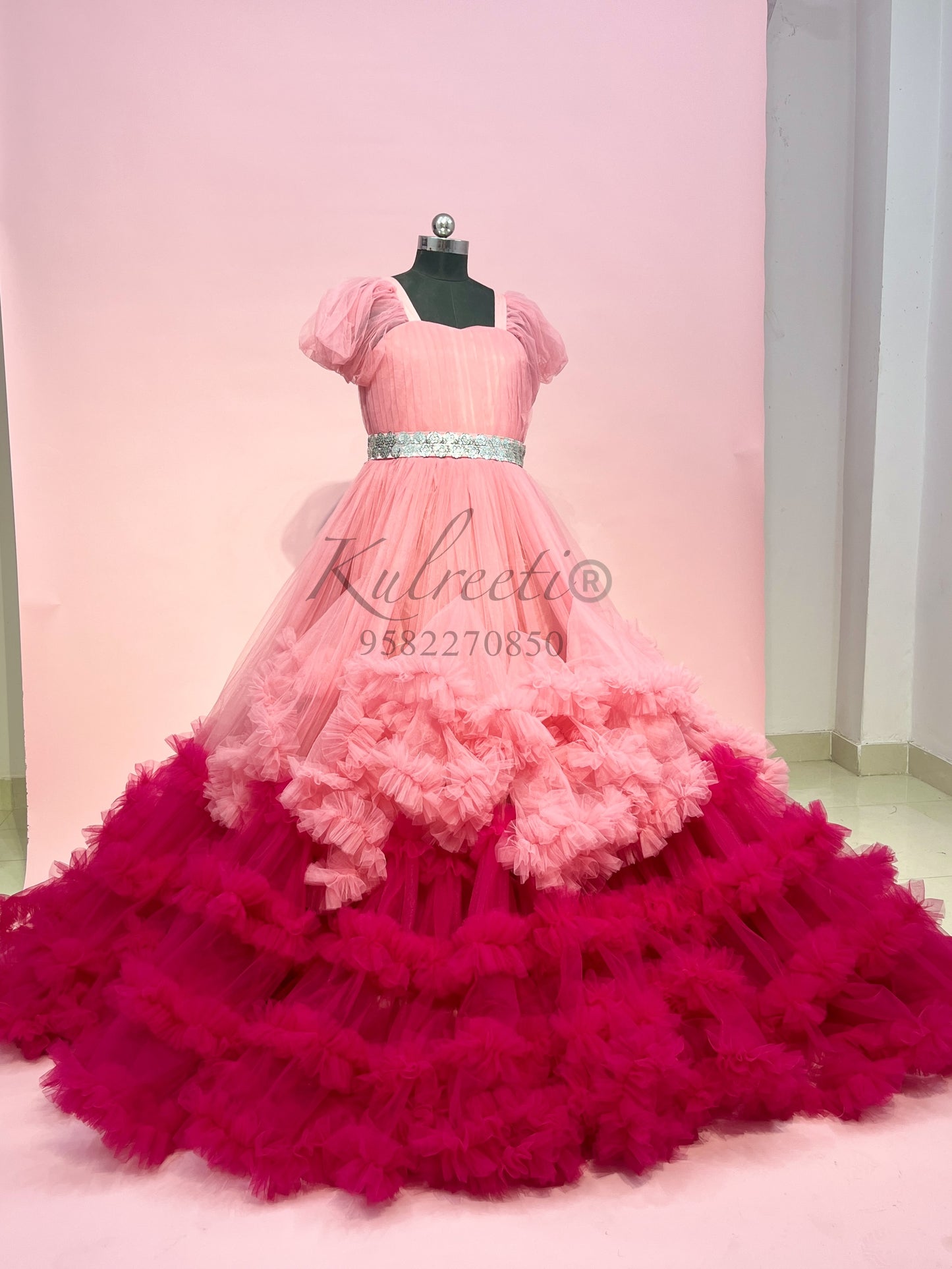 Onion pink and hot pink Frill Gown For Maternity /Pre-wedding shoot