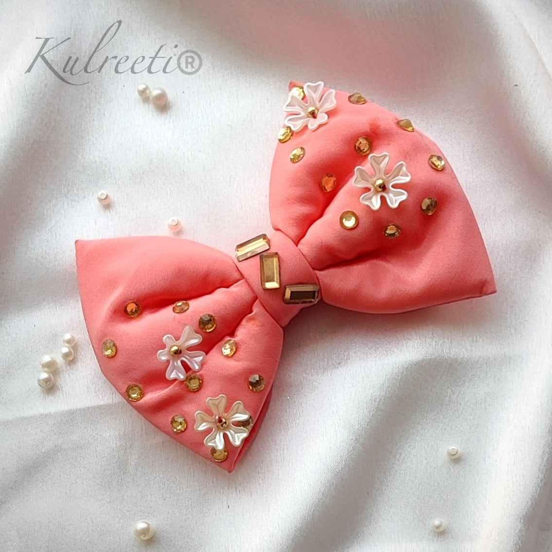 CREPE STONE AND FLORAL WORK HAIR BOW ACCESSORY