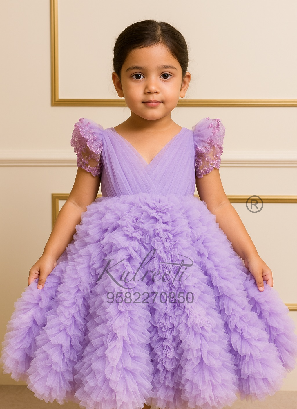 Lavender pink waterfall frill Theme Gown