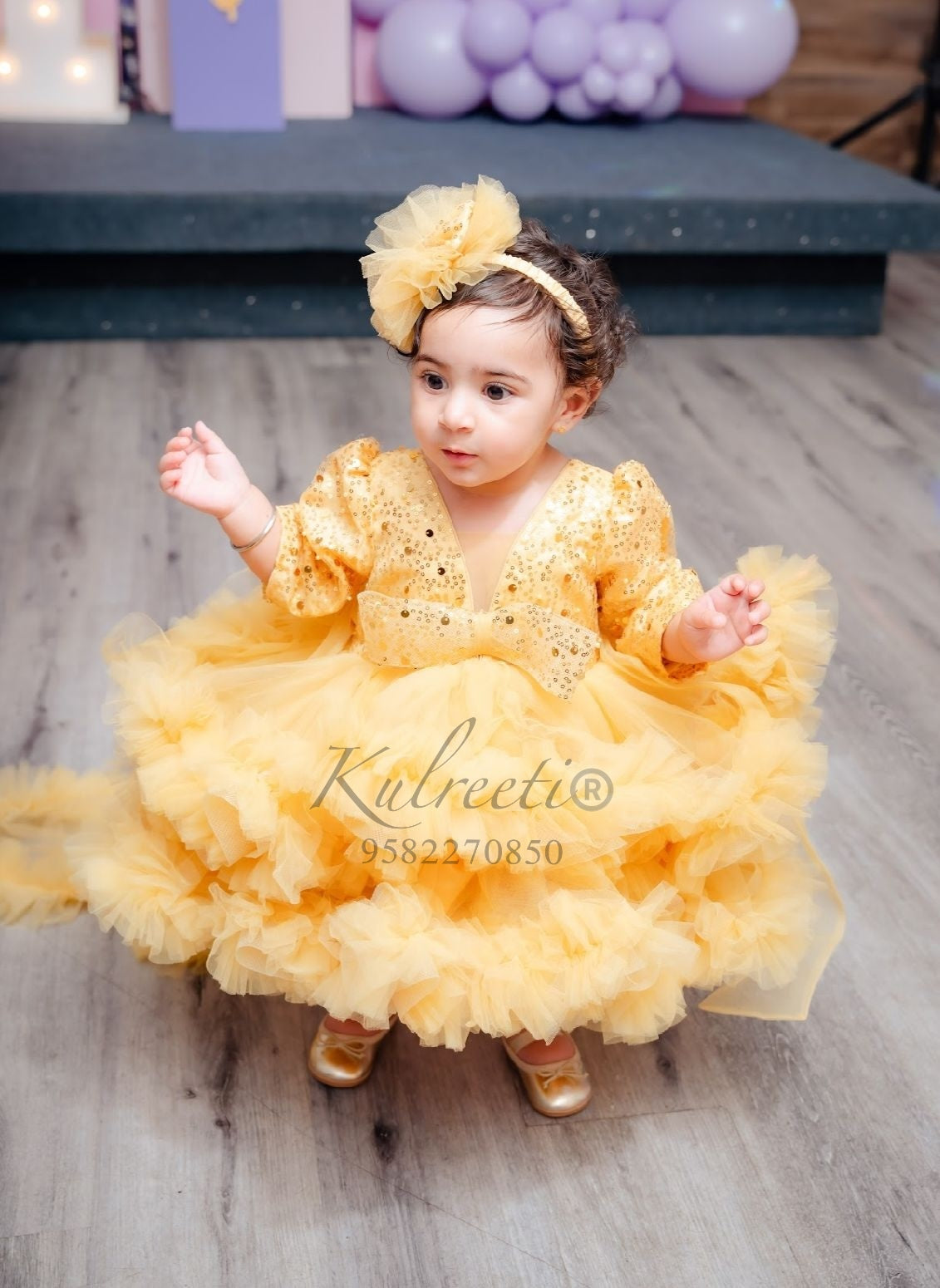 Golden Pearl sequin Embroidery Dress With Full Flair For Mother Or Dress For Daughter (1 Pc)