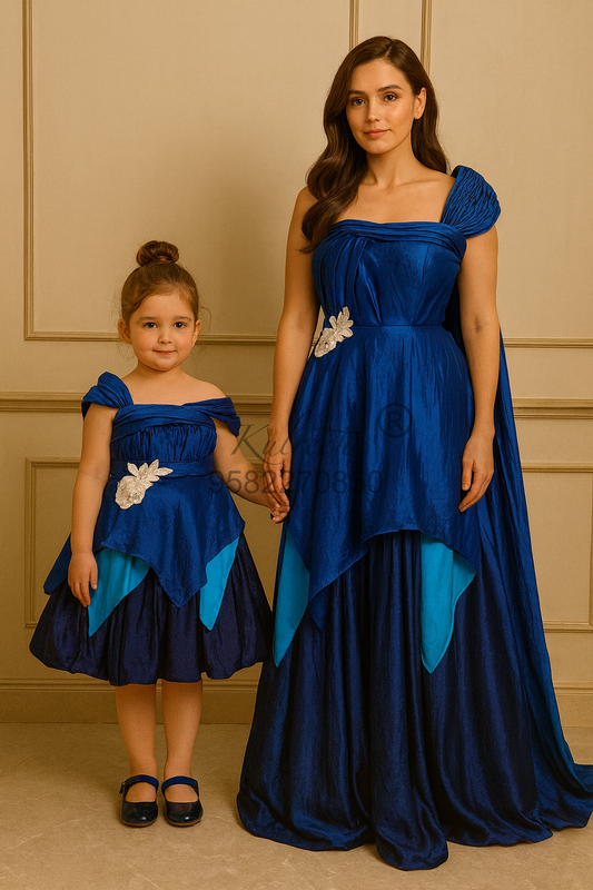 Pure satin silk Gown with flower patch and handkerchief style bottom F Twinning For Mother & Daughter