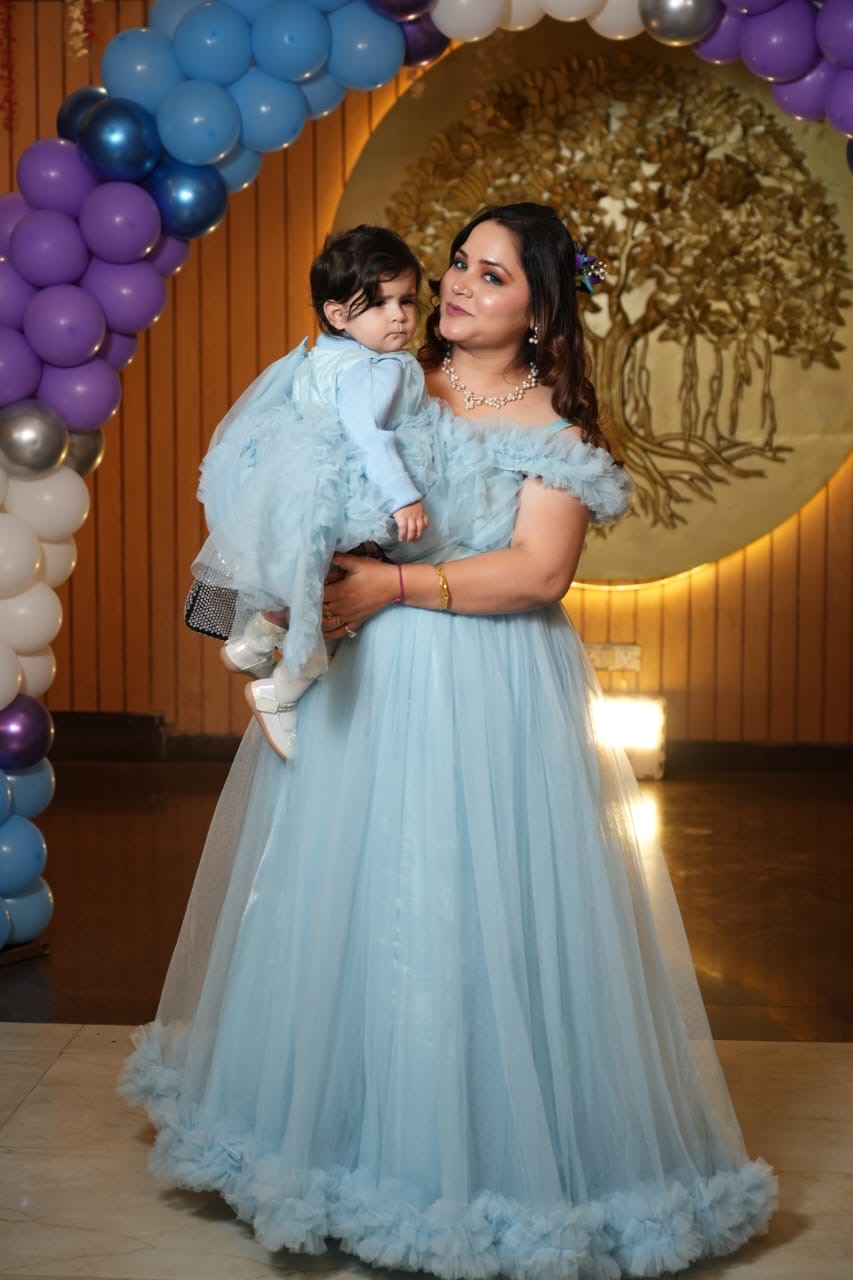 Powder blue bottom  frill Ball gown Twinning For Mother & Daughter (2 Pcs Combo)