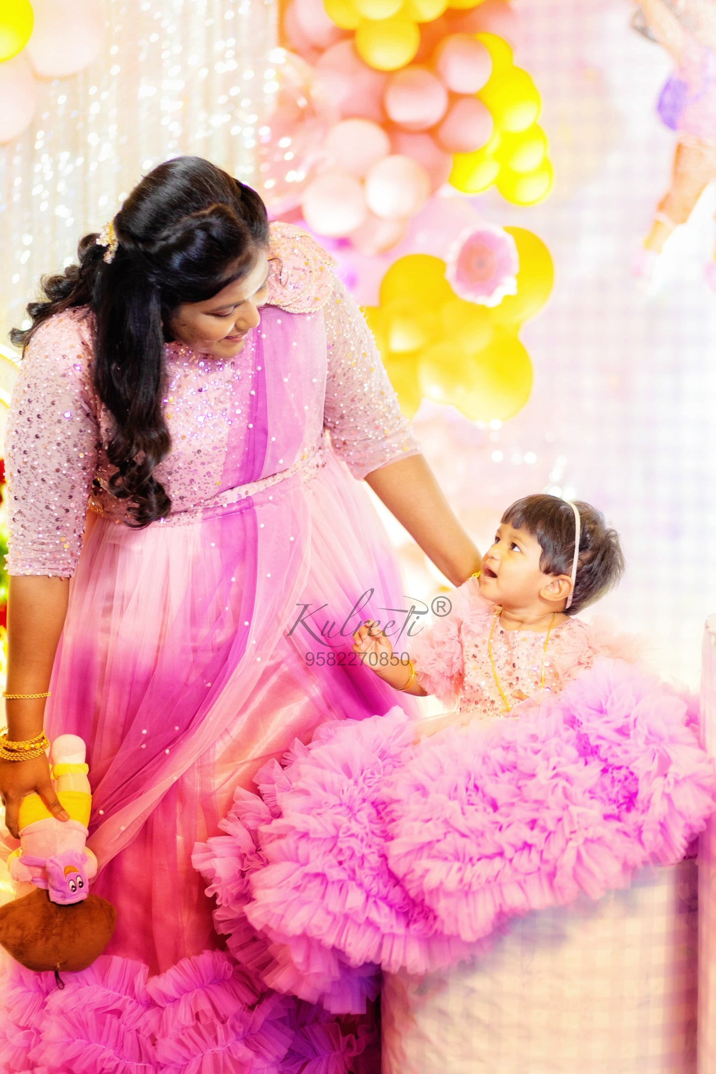 Peach lavender gown with flower detailing Twinning for Mother & Daughter