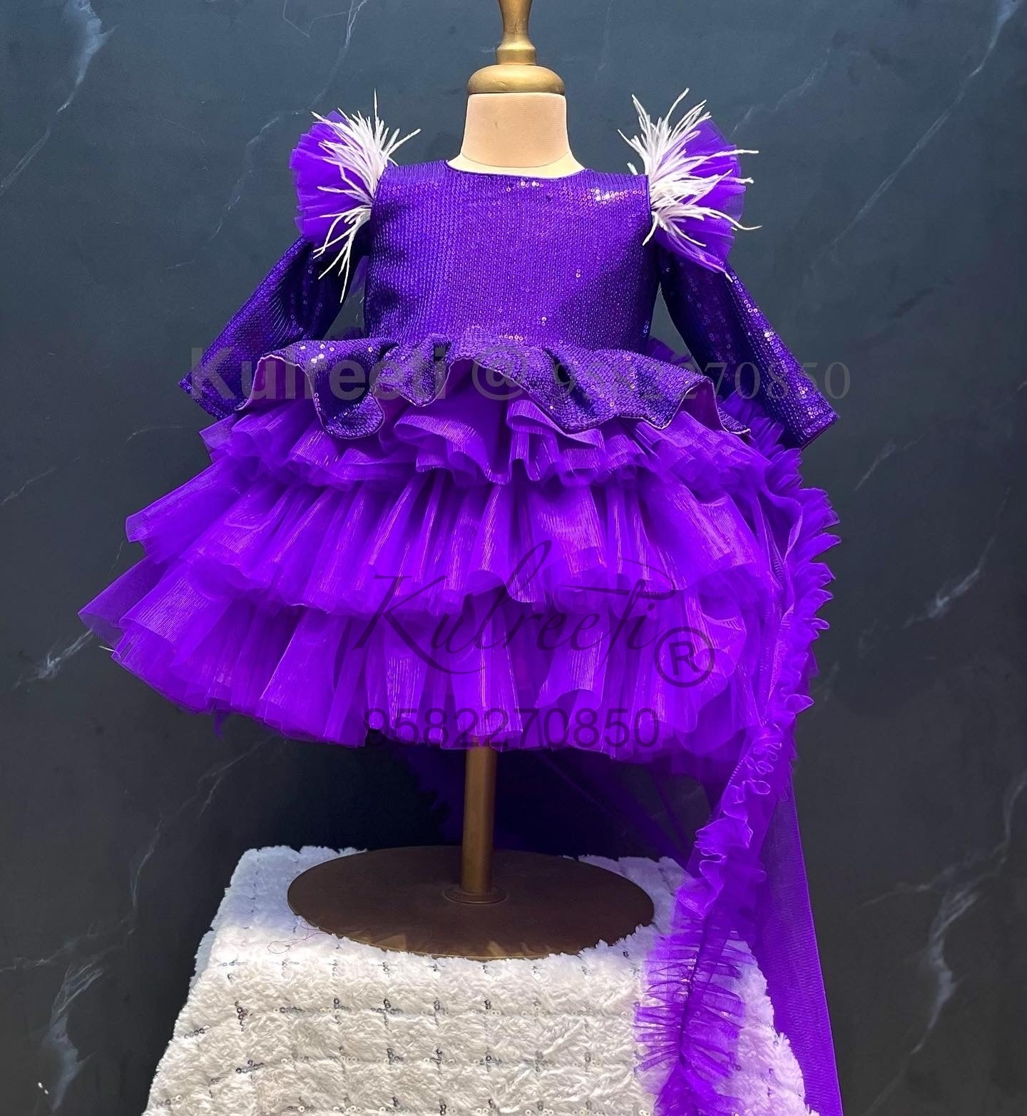Purple frill sequin Dress For Baby with detachable trail