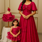 Hot pink satin bow gown with pearls allover Twinning For Mother & Daughter (2 Pcs Combo)