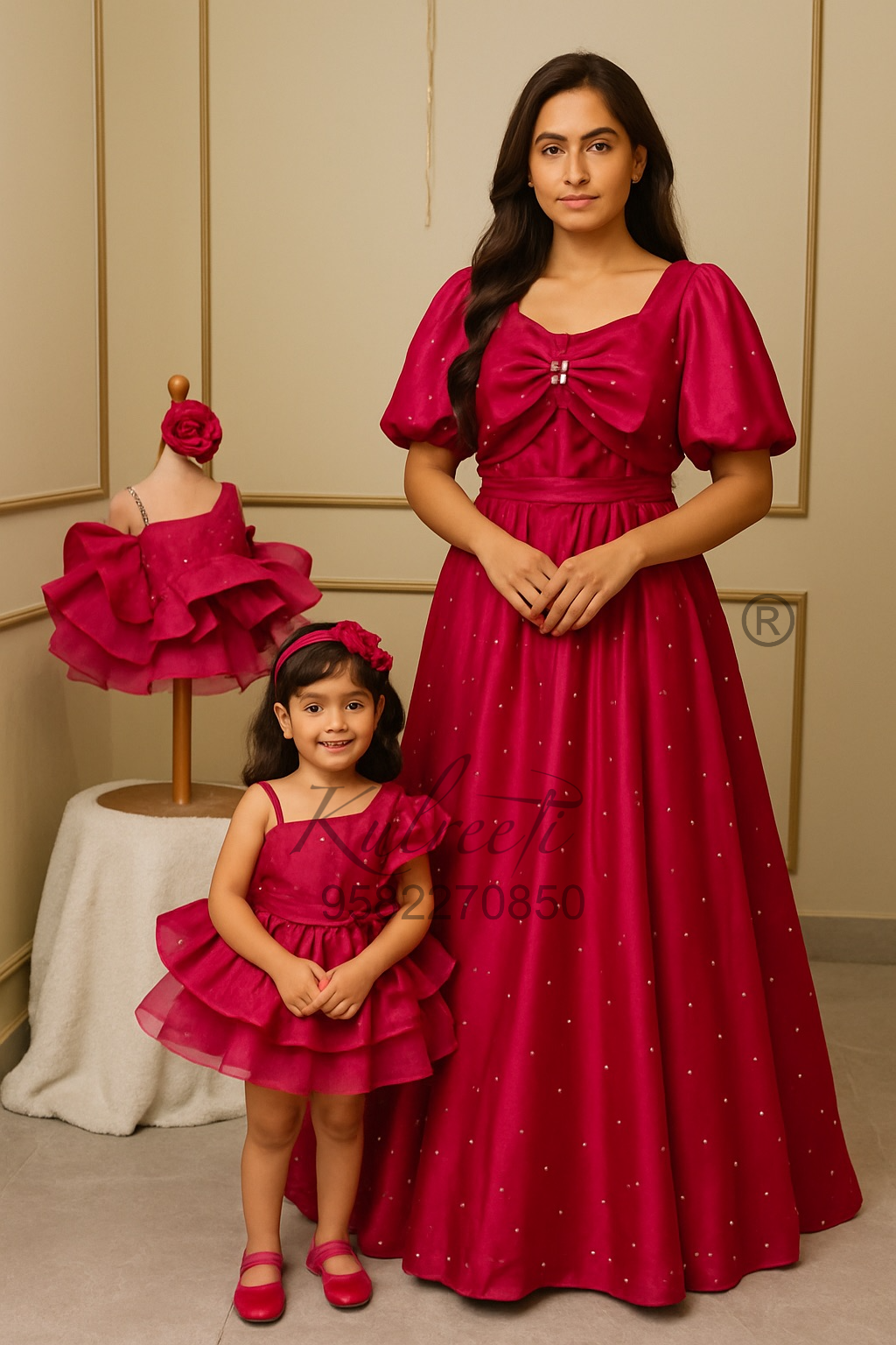 Hot pink satin bow gown with pearls allover Twinning For Mother & Daughter (2 Pcs Combo)