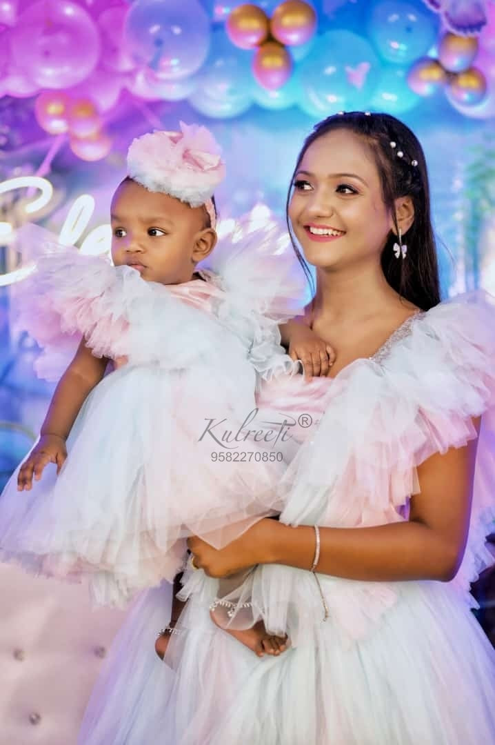 Powder blue pink dresstheme gown Twinning for Mother and Daughter (2 Pcs Combo)