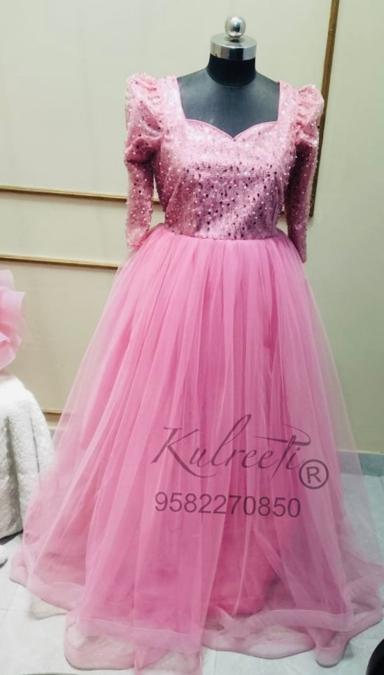 Onion Pink sequin pearl Gown trail  and wings  Twinning For Mother & Daughter