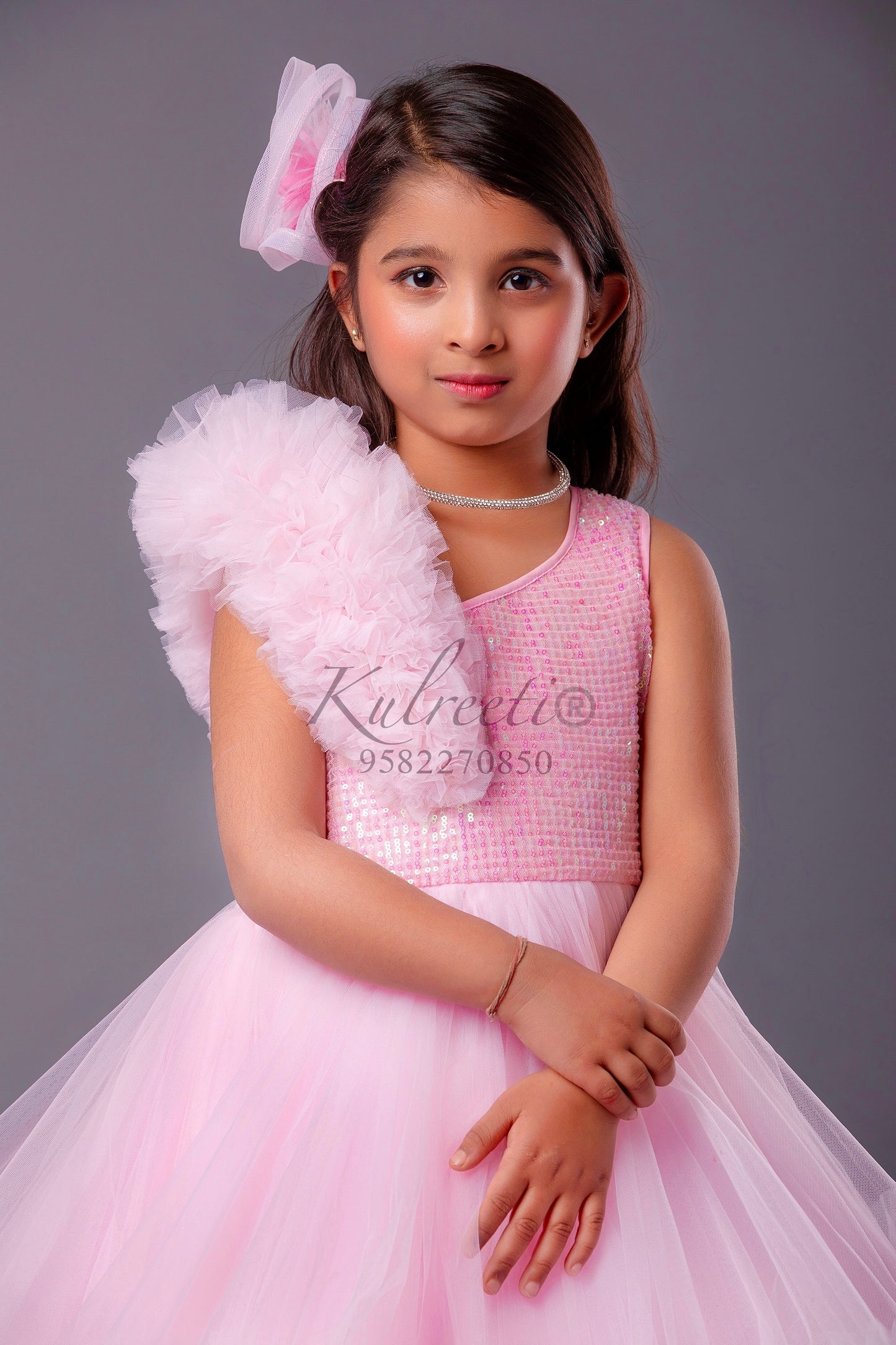 Baby pink Full Frill Gown with sequin top