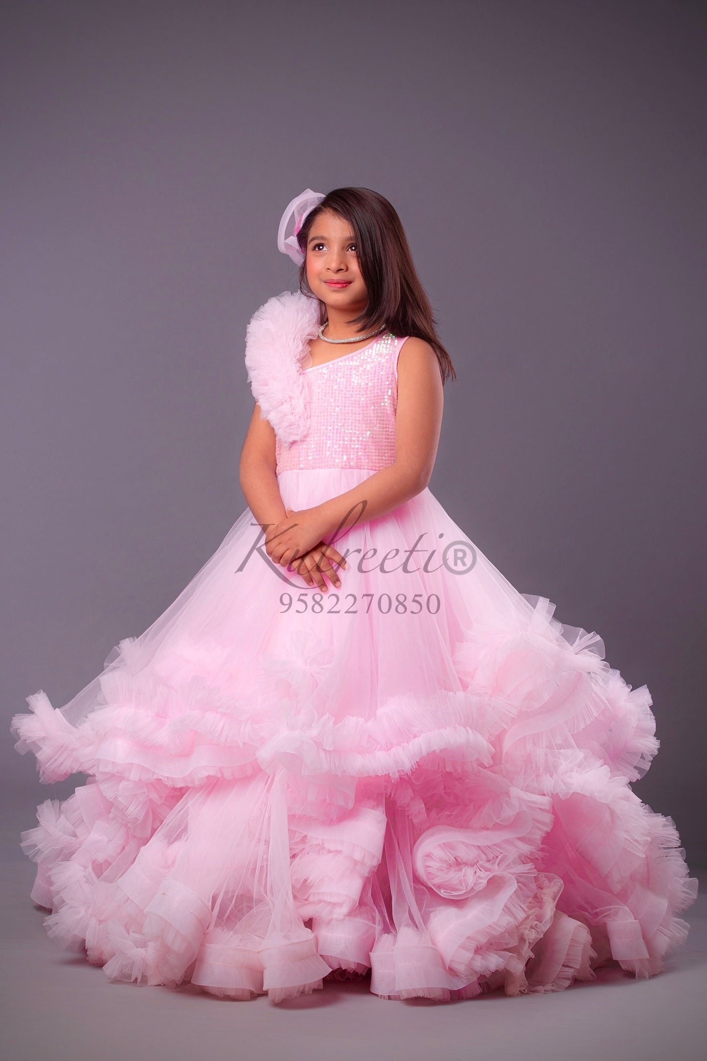 Baby pink Full Frill Gown with sequin top