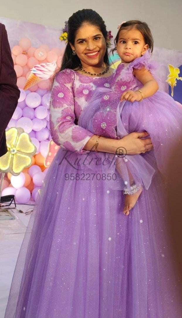 Lavender flower pattern top gown Twinning For Mother & Daughter (2 Pcs Combo)