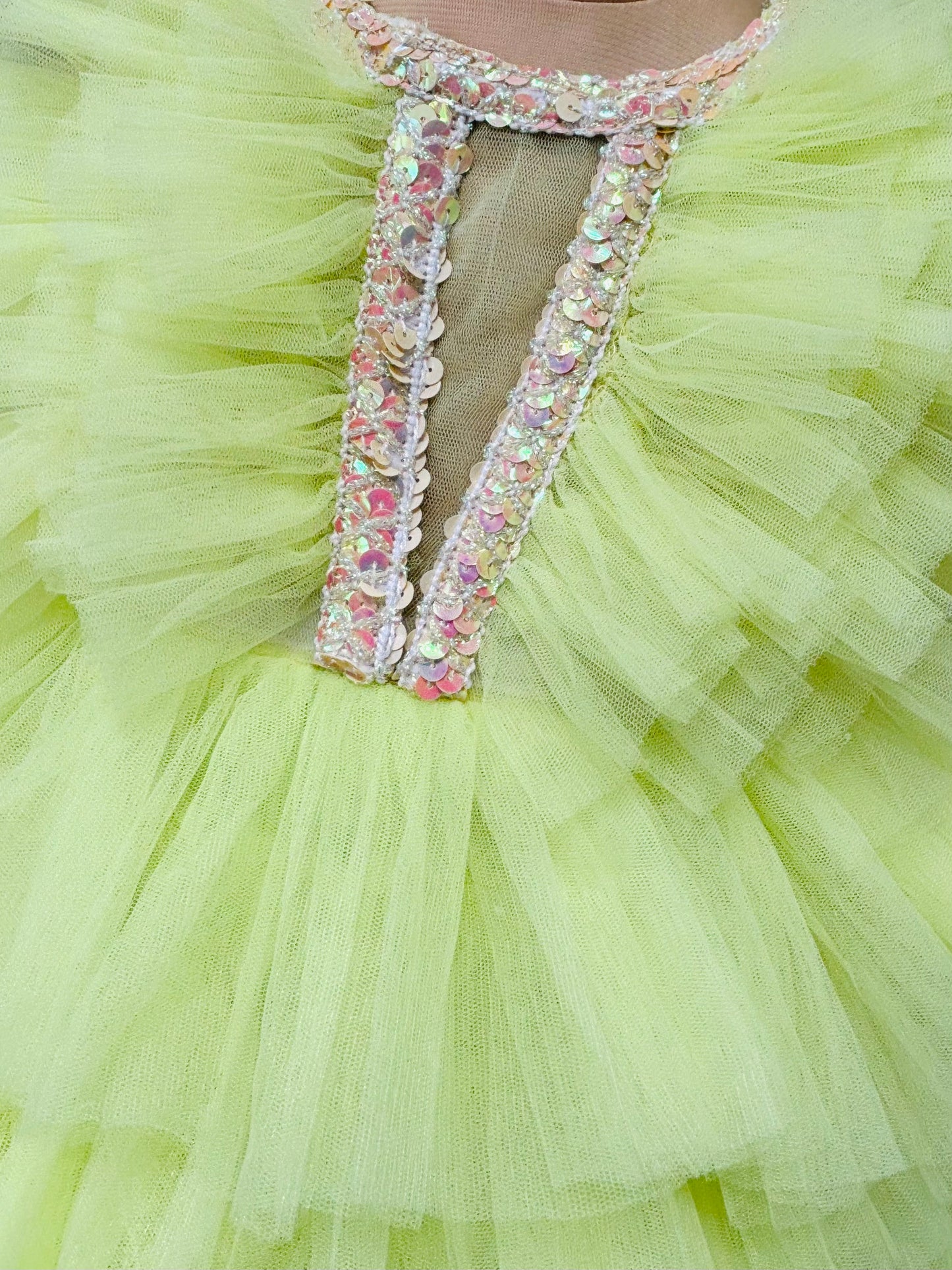 Multi layer neon yellow frill Gown