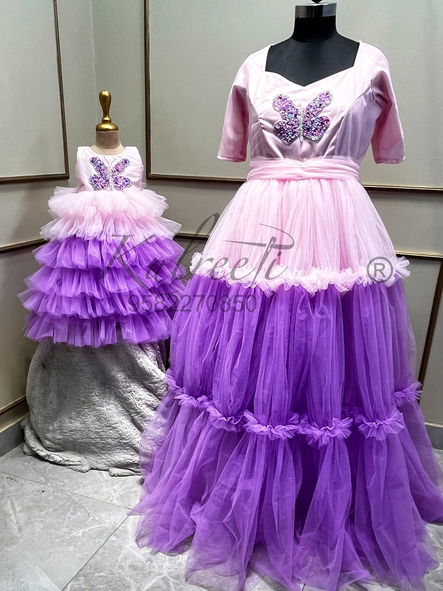 Pink lavender butterfly embroidered gown Twinning For Mother & Daughter (2 Pcs Combo)