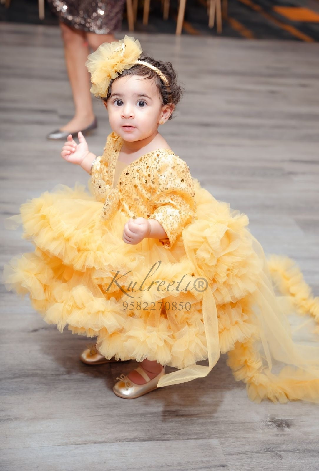 Golden Pearl sequin Embroidery Dress With Full Flair For Mother Or Dress For Daughter (1 Pc)