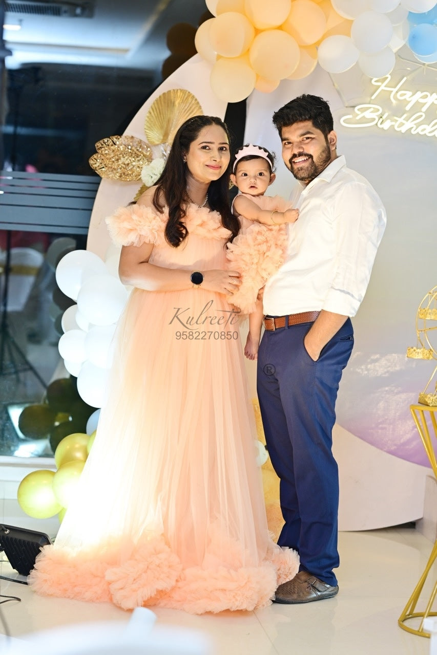 Peach flary theme gown Twinning for Mother and Daughter (2 Pcs Combo)