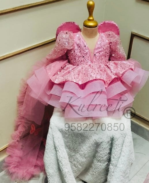 Onion Pink sequin pearl Gown trail  and wings  Twinning For Mother & Daughter