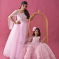 Pink waterfall frill gown with sequin top and hand embroidery drape