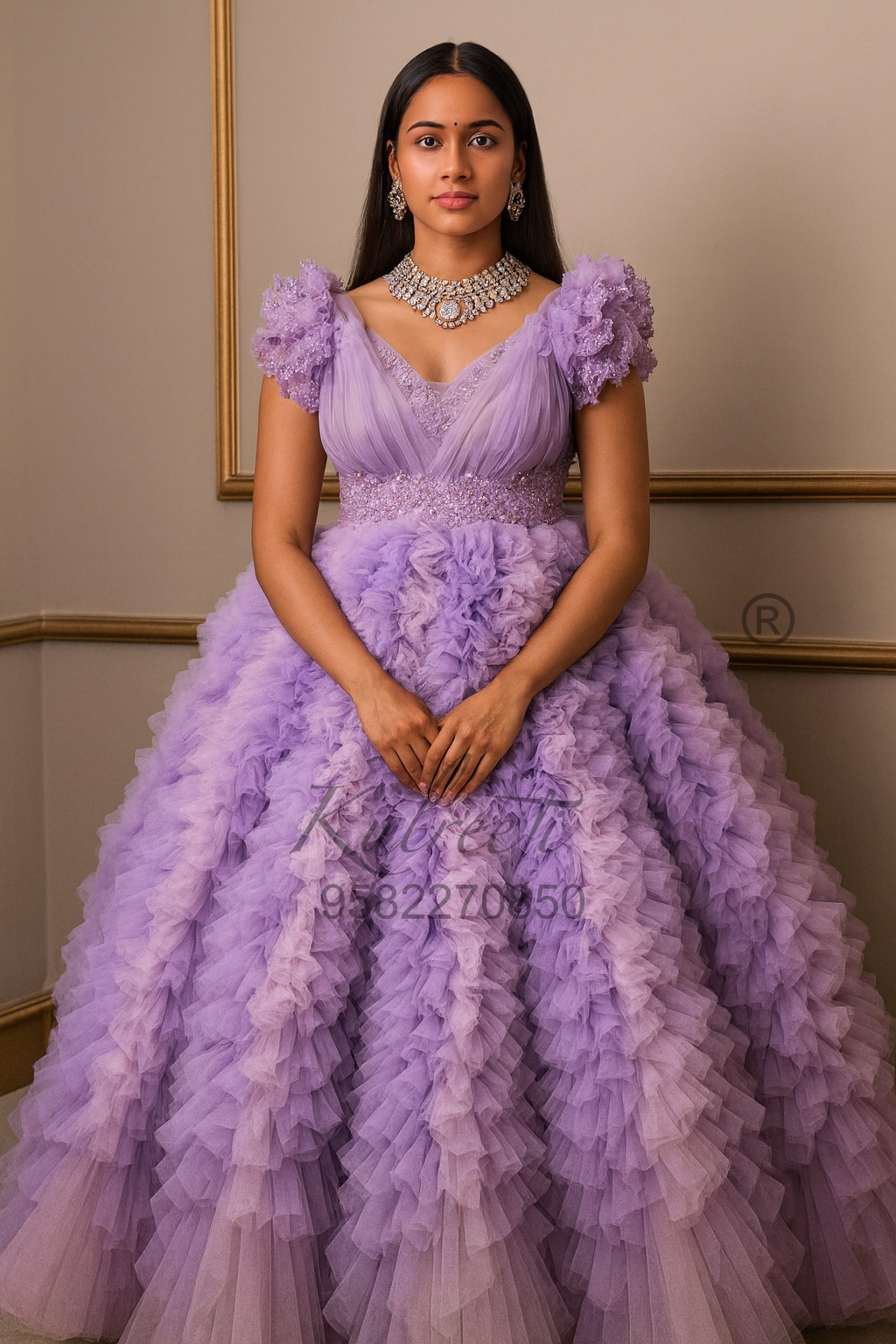 Lavender pink waterfall frill Theme Gown