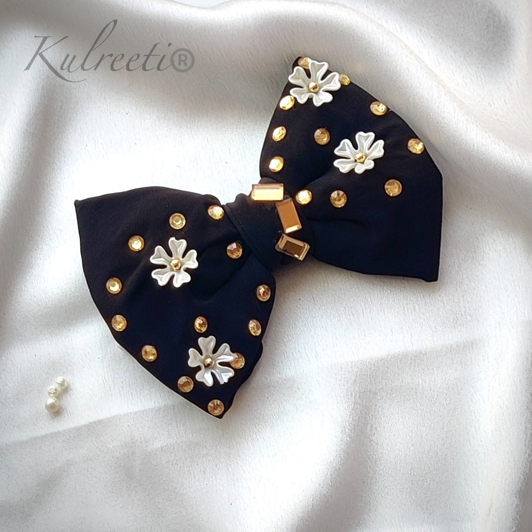 CREPE STONE AND FLORAL WORK HAIR BOW ACCESSORY