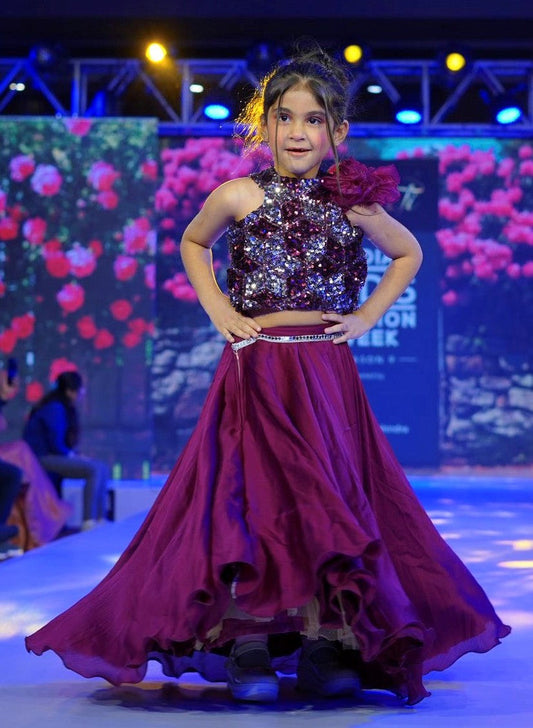 Wine sequin work  blouse with unique style satin crape lehenga