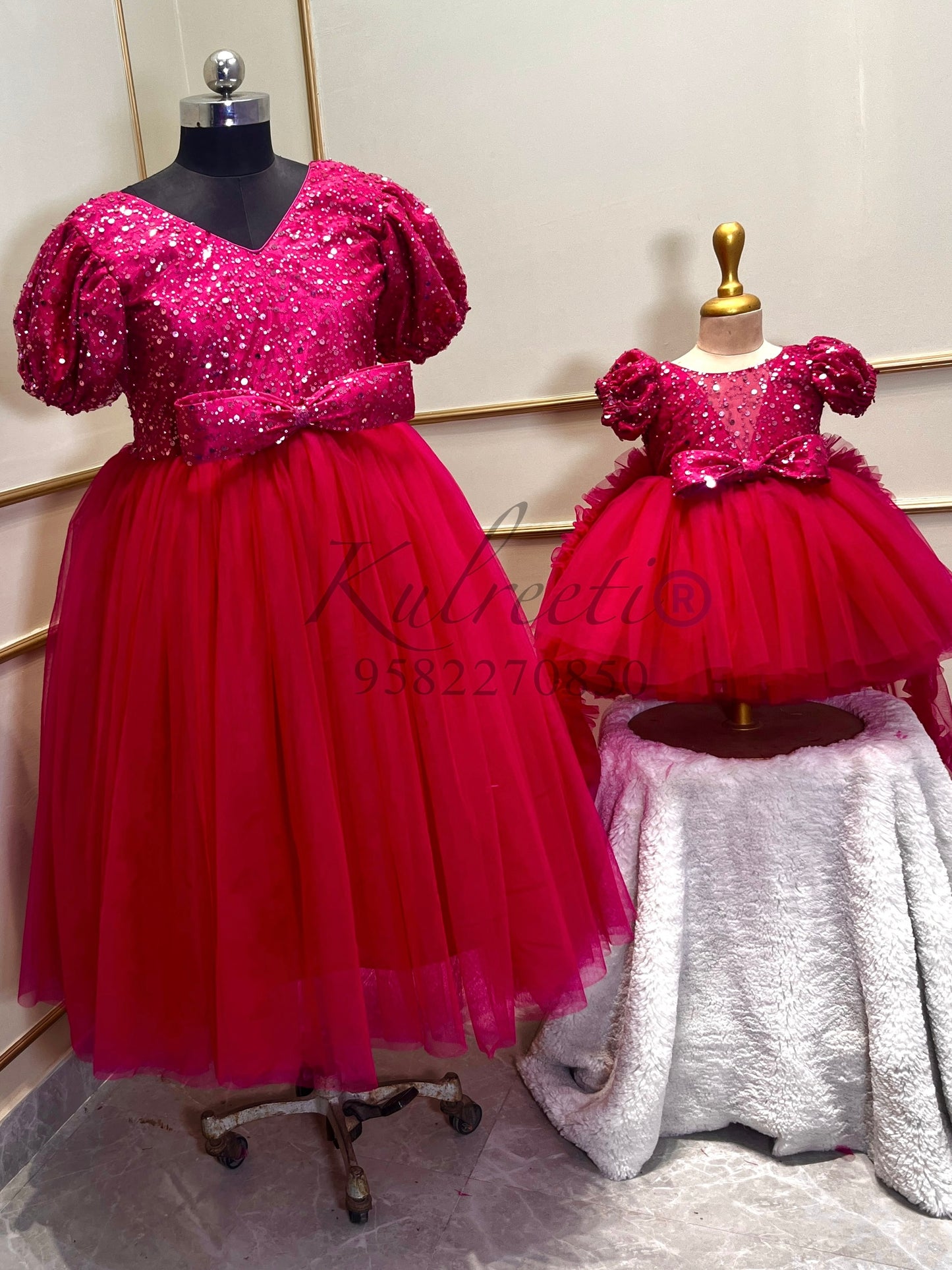 Hot pink Frill with sequin work top Twinning for Mother and Daughter (2 Pcs Combo)