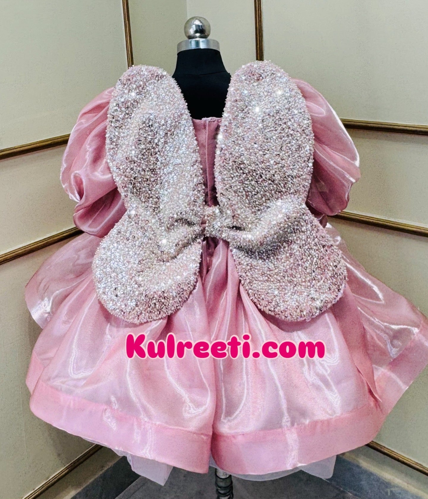 Onion pink bead hand work sequin work Dress With Full Flair For Mother Or Dress For Daughter (1 Pc)