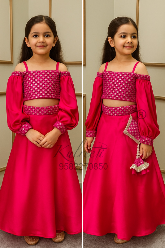 Hot pink sequin work  blouse with unique style satin crape lehenga
