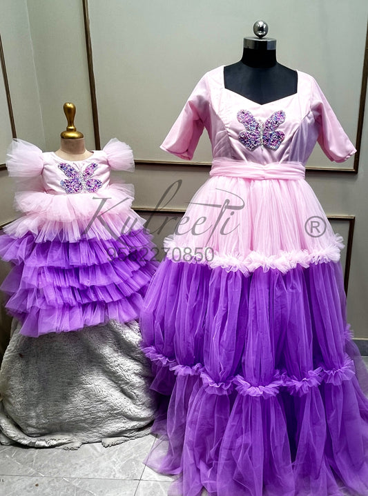 Pink lavender butterfly hand embroidered gown detailing Twinning for Mother & Daughter