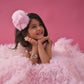 Pink waterfall frill gown with sequin top and hand embroidery drape