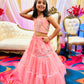 Onion pink net frill embroidered blouse with unique style lehenga