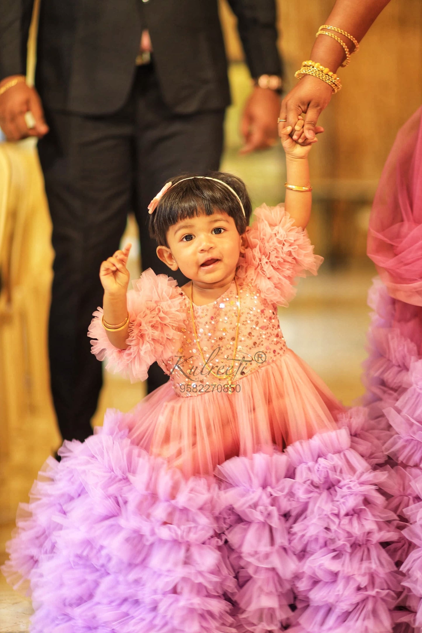 Peach lavender gown with flower detailing Twinning for Mother & Daughter